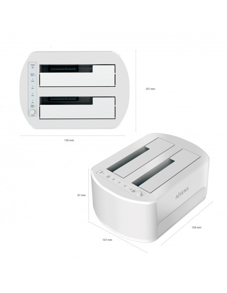 AISENS Estacion de Docking de Doble Bahia ASDS-D02W SATA 2.5 3.5 a USB 3.0 3.1 Gen1, Clone, Blanca