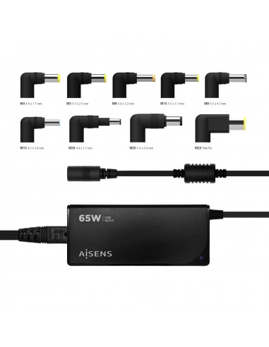 AISENS Cargador 65 W Automatico Universal Multitension Para Portatil Con 9 Conectores + USB-A QC.3.0