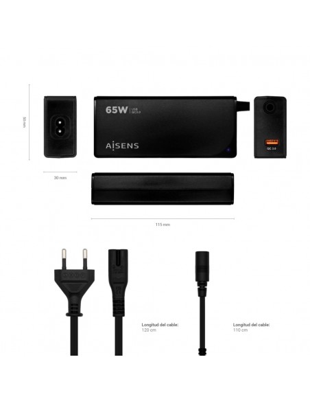 AISENS Cargador 65 W Automatico Universal Multitension Para Portatil Con 9 Conectores + USB-A QC.3.0