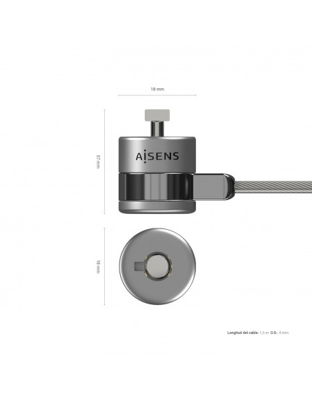 AISENS Cable de Seguridad con Cerradura de Llave para Ordenador, Monitor, Portatil 1.5 m