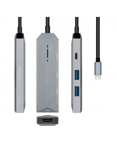 AISENS USB-C dock 4 en 1, USB-C a 1xHDMI, 2xUSB, 1xPD, Gris, 15 cm