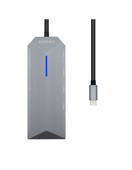 AISENS USB-C dock 8 en 1, USB-C a 1xHDMI, 1xRJ45, 3xUSB, 1xPD, 1xSD, 1xMicroSD, Gris, 15 cm