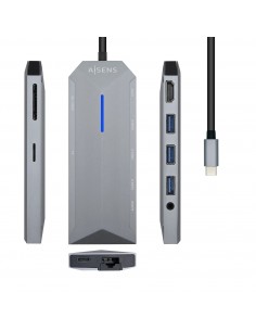 AISENS USB-C Dock 9 en 1, USB-C a 1x HDMI, 1xRJ45, 3x USB, 1x PD, 1x Audio, 1x SD, 1x Micro SD, Gris, 15 cm