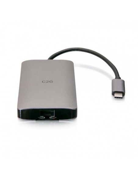 C2G Mini base USB-C® 8 en 1 con alimentación HDMI, 2 USB-A, Ethernet, lector de tarjeta SD y USB-C de hasta 100 W - 4K 30 Hz