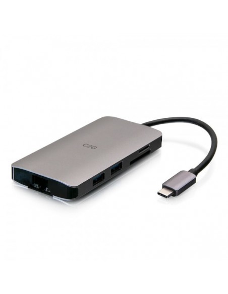 C2G Mini base USB-C® 8 en 1 con alimentación HDMI, 2 USB-A, Ethernet, lector de tarjeta SD y USB-C de hasta 100 W - 4K 30 Hz