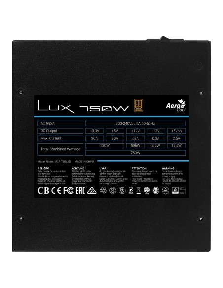 Aerocool LUX750 Fuente Alimentación PC 750W 80 Plus Bronze 230V 88% Eficiencia Negro