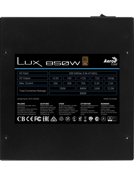 Aerocool LUX850 Fuente Alimentación PC 850W 80 Plus Bronze 230V 88% Eficiencia Negro