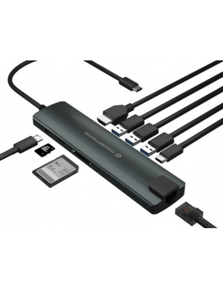 Conceptronic DONN06G base para portátil y replicador de puertos USB 3.2 Gen 1 (3.1 Gen 1) Type-C Negro, Plata