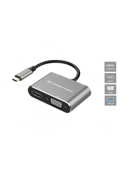 Conceptronic DONN16G base para portátil y replicador de puertos Alámbrico USB 3.2 Gen 1 (3.1 Gen 1) Type-C Negro, Plata