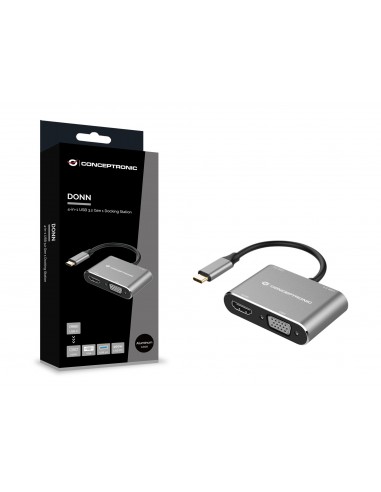 Conceptronic DONN16G base para portátil y replicador de puertos Alámbrico USB 3.2 Gen 1 (3.1 Gen 1) Type-C Negro, Plata