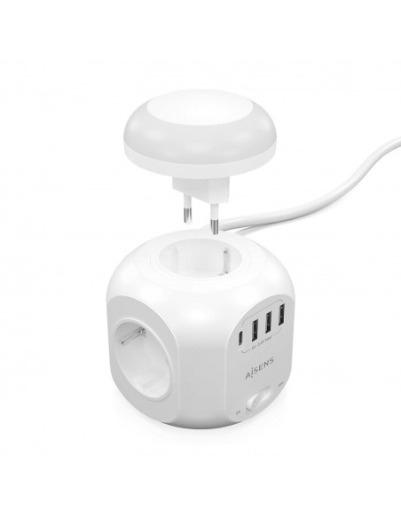 AISENS Regleta de Enchufes Sobremesa Multifuncion con 4 Tomas + 1XUSB-C, 3XUSB-A, Luz Nocturna, 1.8M, Blanco