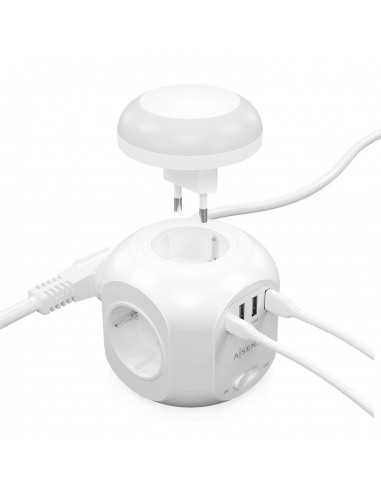 AISENS Regleta de Enchufes Sobremesa Multifuncion con 4 Tomas + 1XUSB-C, 3XUSB-A, Luz Nocturna, 1.8M, Blanco