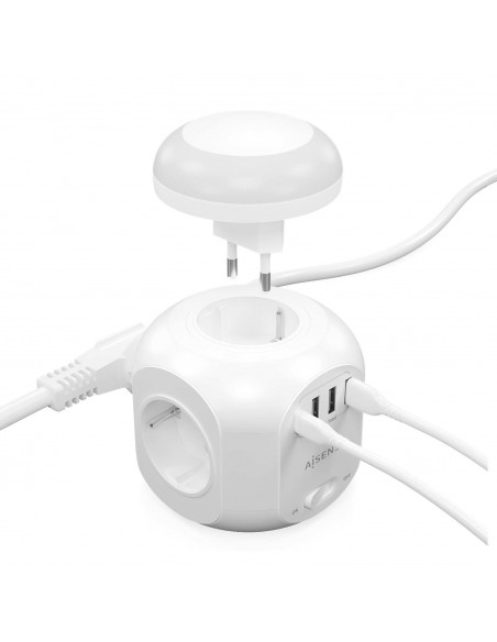 AISENS Regleta de Enchufes Sobremesa Multifuncion con 4 Tomas + 1XUSB-C, 3XUSB-A, Luz Nocturna, 1.8M, Blanco