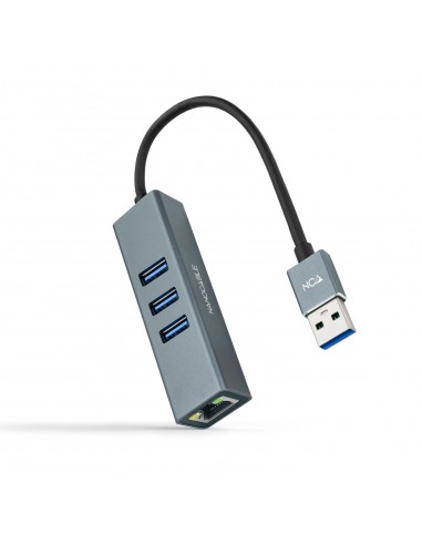 Nanocable Conversor USB 3.0 a Ethernet Gigabit + 3XUSB 3.0, Aluminio, Gris, 15 cm