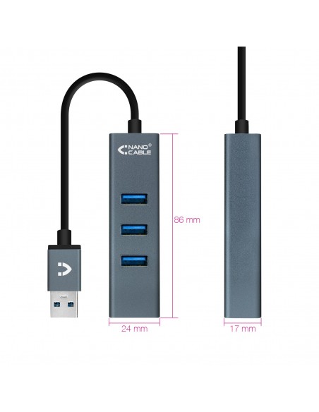 Nanocable USB 3.0 4xUSB3.0. USB-A M-USB 3.0 H, Gris, 10 cm