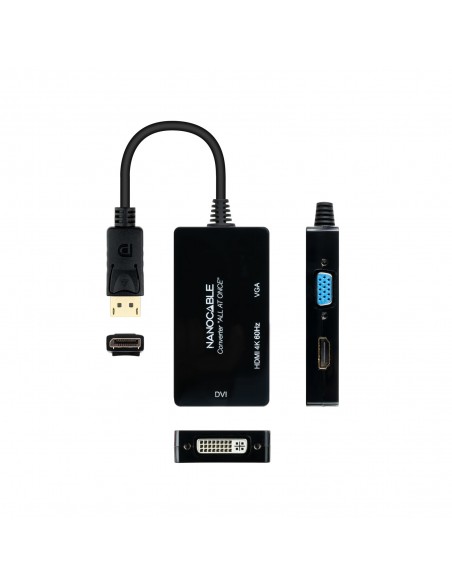 Nanocable Conversor DISPLAYPORT a HDMI DVI VGA, 20 cm, Negro