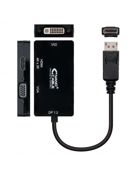 Nanocable Conversor Displayport a VGA   HDMI, 3 en 1, DP 1.2 M-VGA H-HDMI H 4K, Negro, 15 cm