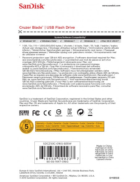 SanDisk Cruzer Blade unidad flash USB 16 GB USB tipo A 2.0 Blanco