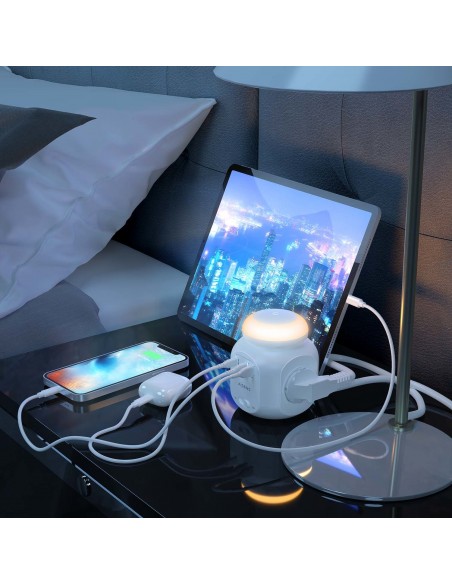 AISENS Regleta de Enchufes Sobremesa Multifuncion con 4 Tomas + 1xUSB-C 20W PD3.0, 2xUSB-A 18W QC3.0, Luz Nocturna, 1.8M, Blanco
