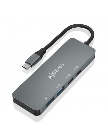 AISENS Hub USB 3.2 Gen2 10G USB-C, USB-C M-2xUSB-C H-2xUSB-A H, Gris, 15cm