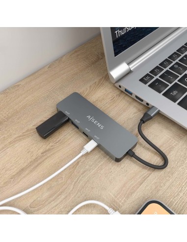 AISENS Hub USB 3.2 Gen2 10G USB-C, USB-C M-2xUSB-C H-2xUSB-A H, Gris, 15cm
