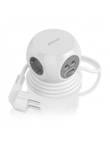 AISENS Regleta de Enchufes Sobremesa Multifuncion con 3 Tomas + 2xUSB-C, 2xUSB-A, 1.4M, Blanco