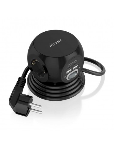 AISENS Regleta de Enchufes Sobremesa Multifuncion con 3 Tomas + 2xUSB-C, 2xUSB-A, 1.4M, Negro