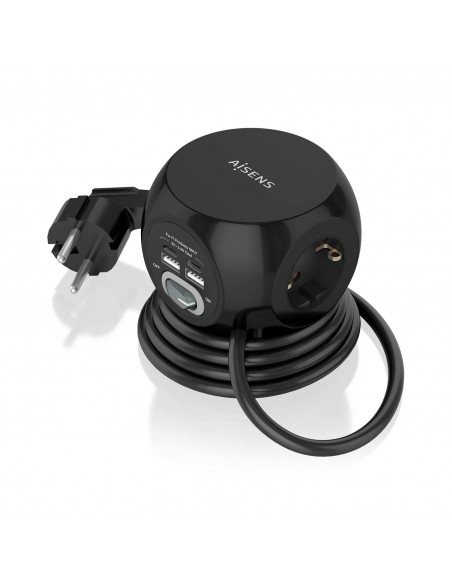AISENS Regleta de Enchufes Sobremesa Multifuncion con 3 Tomas + 2xUSB-C, 2xUSB-A, 1.4M, Negro