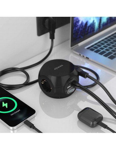 AISENS Regleta de Enchufes Sobremesa Multifuncion con 3 Tomas + 2xUSB-C, 2xUSB-A, 1.4M, Negro