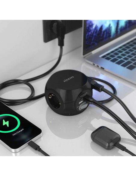 AISENS Regleta de Enchufes Sobremesa Multifuncion con 3 Tomas + 2xUSB-C, 2xUSB-A, 1.4M, Negro