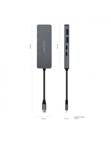 AISENS Hub USB3.2 Gen1 5G USB-C, USB-C M-2xUSB-C H-2xUSB-A H, Gris, 15cm AISENS Hub USB3.2 Gen1 5G USB-C, USB-C M-2xUSB-C H-2xUSB-A H, Gris, 15cm