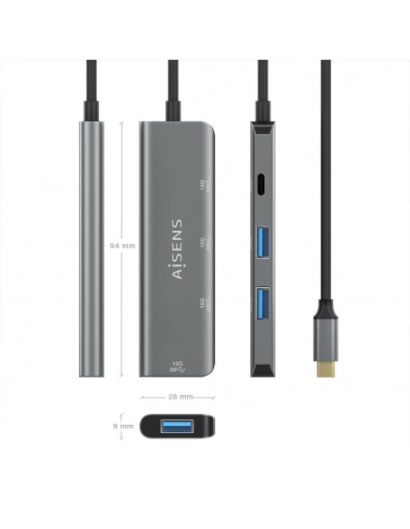 AISENS Hub USB 3.2 Gen2 10G USB-C, USB-C M-1xUSB-C H-3xUSB-A H, Gris, 15 cm AISENS Hub USB 3.2 Gen2 10G USB-C, USB-C M-1xUSB-C H-3xUSB-A H, Gris, 15 cm