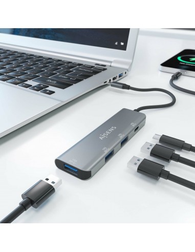 AISENS Hub USB 3.2 Gen2 10G USB-C, USB-C M-1xUSB-C H-3xUSB-A H, Gris, 15 cm