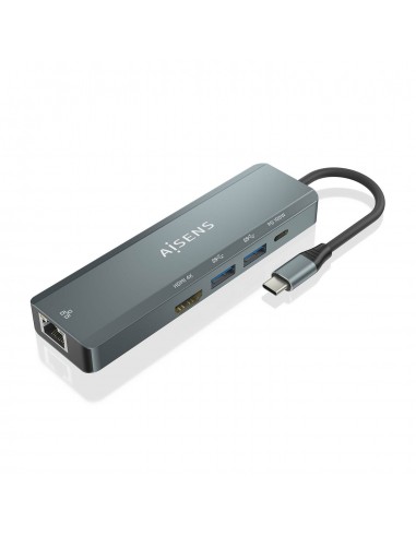 AISENS USB-C Dock 5 en 1, USB-C a 1xHDMI, 1xRJ45, 2xUSB, 1xPD, Gris, 15 cm