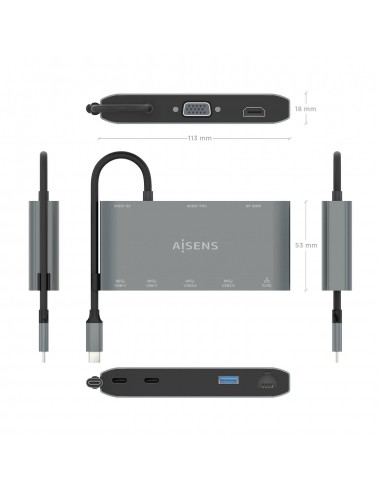 AISENS USB-C Dock 8 en 1, USB-C a 1xHDMI, 1xVGA, 1xRJ45, 2xUSB-A, 2xUSB-C 5G, 1xUSB-C PD, Gris, 20 cm