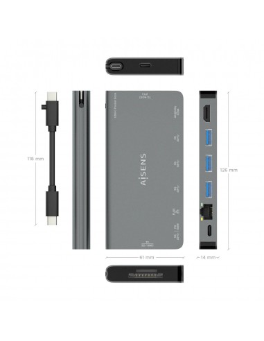 AISENS USB-C Dock 8 en 1, USB-C a 1xHDMI, 1xRJ45, 3xUSB-A, 1xUSB-C Datos+PD, 1xSD, 1xMicro SD, Gris, 10 cm