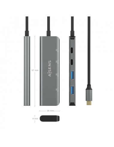 AISENS Hub USB 3.2 Gen1 5G USB-C, USB-C M-2xUSB-C H-2xUSB-A H, Gris, 15 cm
