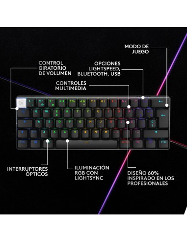 Logitech G PRO X 60 LIGHTSPEED, teclado inalámbrico para gaming, 60% mecánico ultra compacto para PC con Windows, RGB