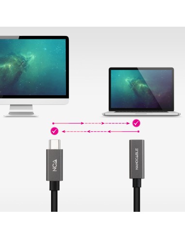 Nanocable Cable Prolongador USB-C 3.2 Gen2x2 20Gbps 3A, 4K 60Hz, USB-C M-USB-C H, Negro, 2 m