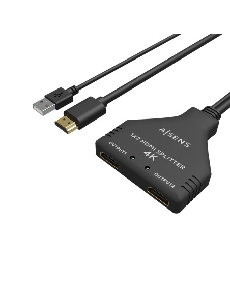 AISENS HDMI Duplicador 4K@30HZ 1×2 con Alimentación USB y Cable, Negro, 30 cm