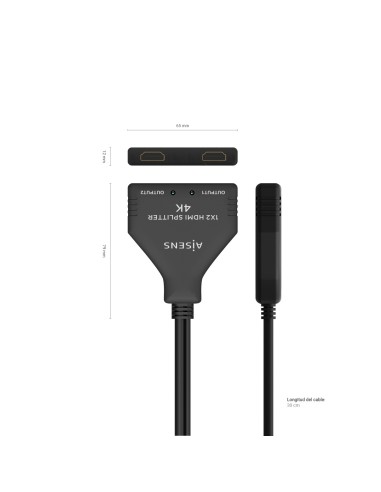 AISENS HDMI Duplicador 4K@30HZ 1×2 con Alimentación USB y Cable, Negro, 30 cm