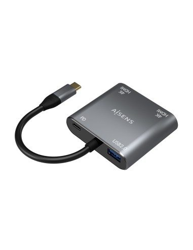 AISENS Conversor USB-C a 2XHDMI 4K SST MST USB2.0 USB-C PD 60W, USB-C M-2XHDMI H-USB-A H-USB-C H, Gris, 15CM