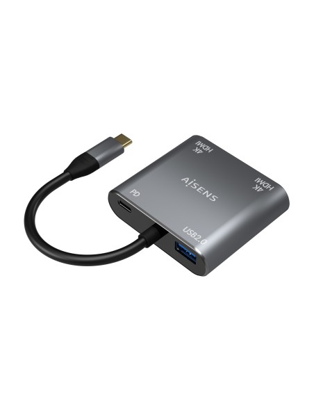 AISENS Conversor USB-C a 2XHDMI 4K SST MST USB2.0 USB-C PD 60W, USB-C M-2XHDMI H-USB-A H-USB-C H, Gris, 15CM