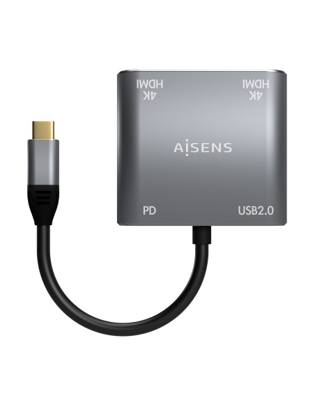 AISENS Conversor USB-C a 2XHDMI 4K SST MST USB2.0 USB-C PD 60W, USB-C M-2XHDMI H-USB-A H-USB-C H, Gris, 15CM