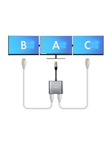 AISENS Conversor USB-C a 2XHDMI 4K SST MST USB2.0 USB-C PD 60W, USB-C M-2XHDMI H-USB-A H-USB-C H, Gris, 15CM
