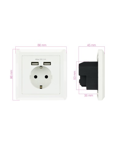 Nanocable Base de enchufe de pared tipo schuko con 2 tomas USB Max. 2.4A, blanca