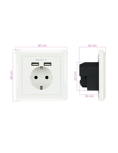 Nanocable Base de enchufe de pared tipo schuko con 2 tomas USB Max. 2.4A, blanca