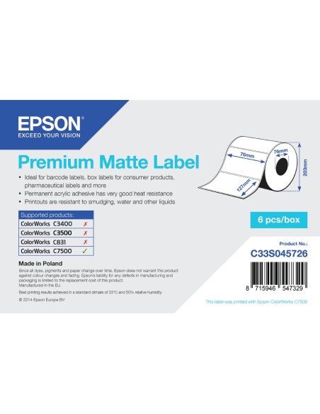 Epson Premium Matte Label - Die-cut Roll  76mm x 127mm, 960 labels