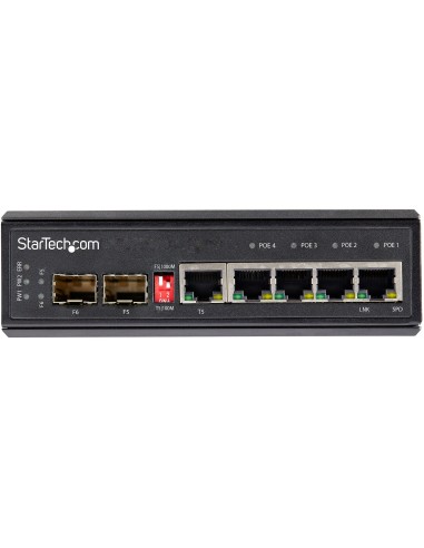 StarTech.com Switch Conmutador Industrial Ethernet Gigabit 6 Puertos - 4x RJ45 PoE - 2 Ranuras SFP PoE+ de 30W 12-48VDC DIN