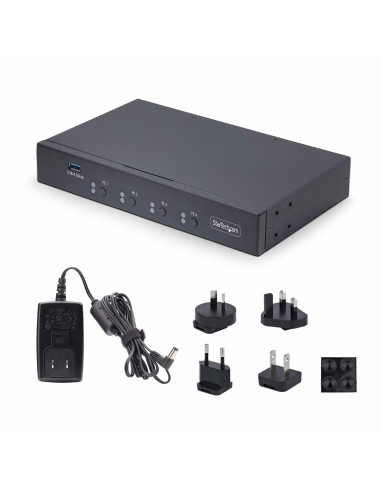 StarTech.com Switch KM USB 4 Puertos con Conmutación por Ratón - Conmutador KM USB 3.0 de Teclado y Ratón para 4 Ordenadores -